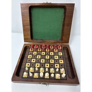 Vintage 1950's Drueke "Play A Way" Travel Chess Set Wood Box 6x4.5x1.5
